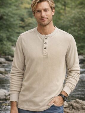 Eddie Bauer Men's Long-Sleeve Henley in Light Beige